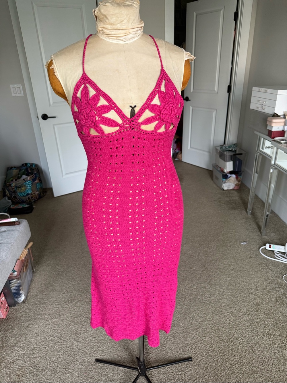 Crochet Hot Pink Flower Cover up Midi Dress